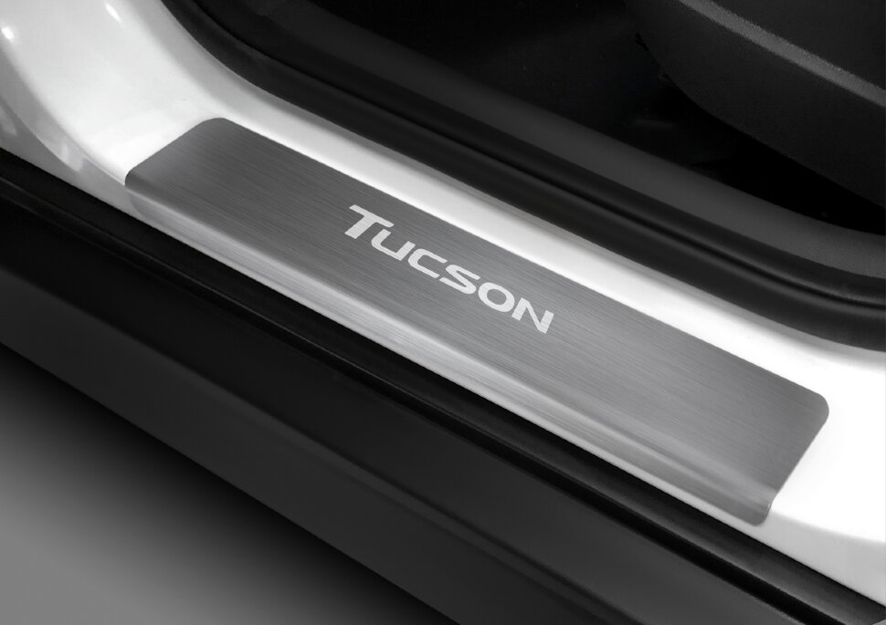 Накладки на пороги Rival для Hyundai Tucson III рестайлинг 2018-2021, нерж. сталь, с надписью, 4 шт., NP.2313.3 с доставкой по всей России