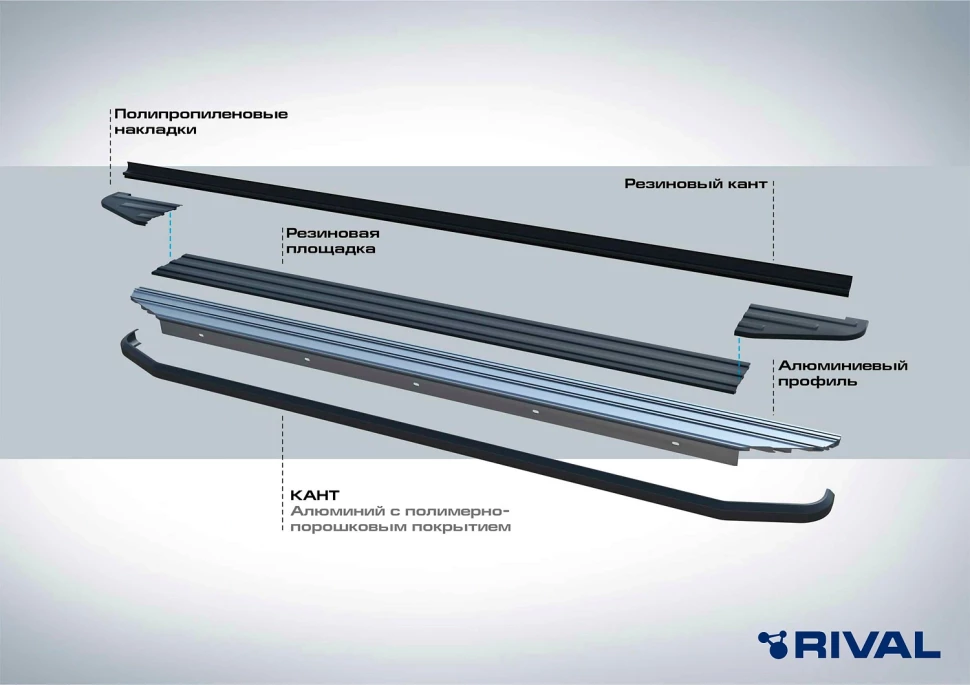 Пороги на автомобиль (подножки) "Premium-Black" Rival для Ford Ranger III 2011-2015, 193 см, 2 шт., алюминий, A193ALB.1803.1