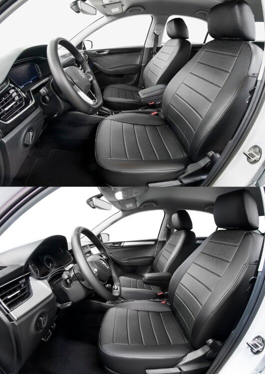 Авточехлы Rival Строчка (зад. спинка 40/60) для сидений Skoda Rapid II лифтбек (с задним подлокотником) 2020-н.в./Volkswagen Polo VI лифтбек (с задним подлокотником) 2020-н.в., эко-кожа, черные, SC.5108.1