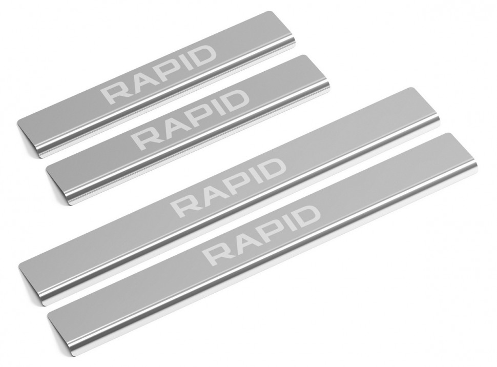 Накладки на пороги AutoMax для Skoda Rapid I, II 2013-2020 2020-н.в., нерж. сталь, с надписью, 4 шт., AMSKRAP01 купить недорого