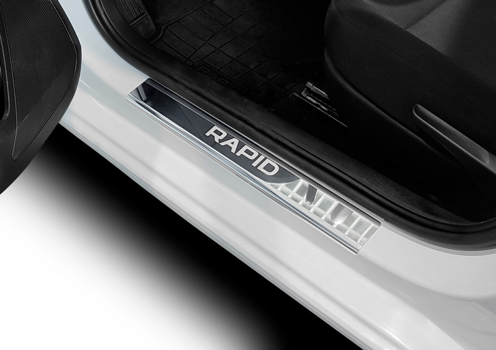 Накладки на пороги AutoMax для Skoda Rapid I, II 2013-2020 2020-н.в., нерж. сталь, с надписью, 4 шт., AMSKRAP01 с доставкой по всей России