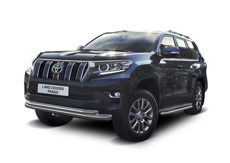 Защита переднего бампера d76+d57 Rival для Toyota Land Cruiser Prado 150 рестайлинг (кроме Style и TRD) 2017-н.в., нерж. сталь, R.5721.001