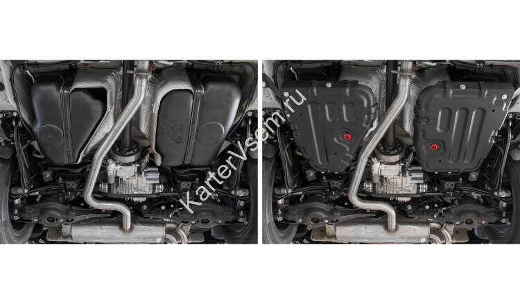 Защита топливного бака АвтоБроня для Volkswagen Tiguan II 4WD (вкл. SportLine) 2016-2020, штампованная, сталь 1.5 мм, 2 части, с крепежом, 111.05122.1