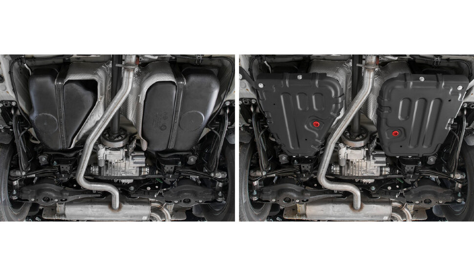 Защита топливного бака АвтоБроня для Volkswagen Tiguan II 4WD (вкл. SportLine) 2016-2020, штампованная, сталь 1.5 мм, 2 части, с крепежом, 111.05122.1