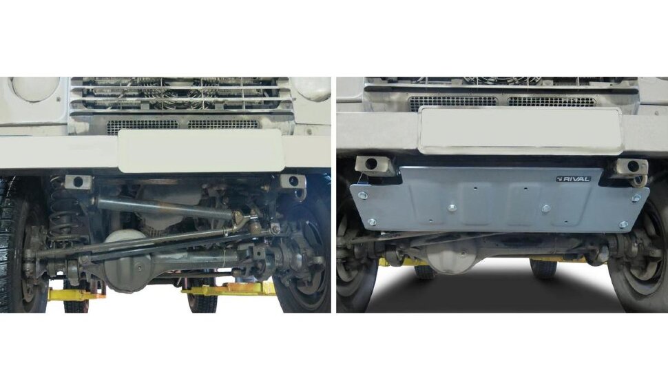 Защита рулевых тяг Rival для Land Rover Defender 90/110 рестайлинг 2007-2016, штампованная, алюминий 6 мм, с крепежом, 2333.3128.1.6