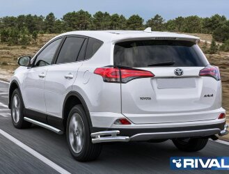 Защита заднего бампера d57+d42 уголки + комплект крепежа, RIVAL, Toyota Rav 4 2015-