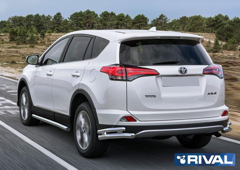 Защита заднего бампера d57+d42 уголки + комплект крепежа, RIVAL, Toyota Rav 4 2015-
