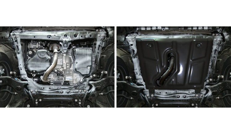Защита картера и КПП АвтоБроня (с вырезом под глушитель) для Toyota RAV4 XA30 2005-2010, штампованная, сталь 1.8 мм, с крепежом, 111.09506.1