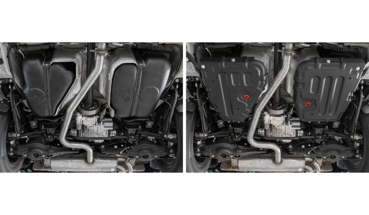 Защита топливного бака АвтоБроня для Volkswagen Tiguan II рестайлинг 4WD 2020-н.в., штампованная, сталь 1.5 мм, 2 части, с крепежом, 111.05122.1