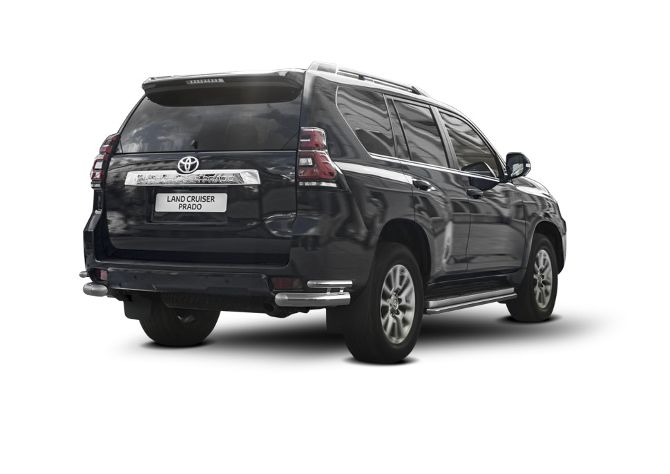 Защита заднего бампера d76+d42 уголки Rival для Toyota Land Cruiser Prado 150 рестайлинг (кроме Style и TRD) 2017-н.в., нерж. сталь, 2 части, R.5721.007