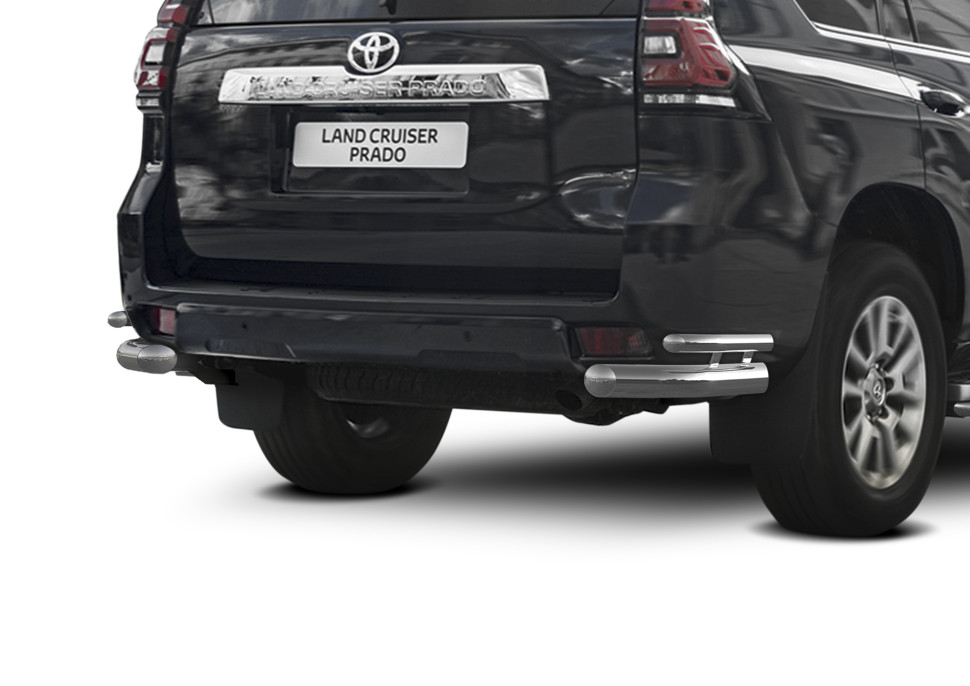 Защита заднего бампера d76+d42 уголки Rival для Toyota Land Cruiser Prado 150 рестайлинг (кроме Style и TRD) 2017-н.в., нерж. сталь, 2 части, R.5721.007