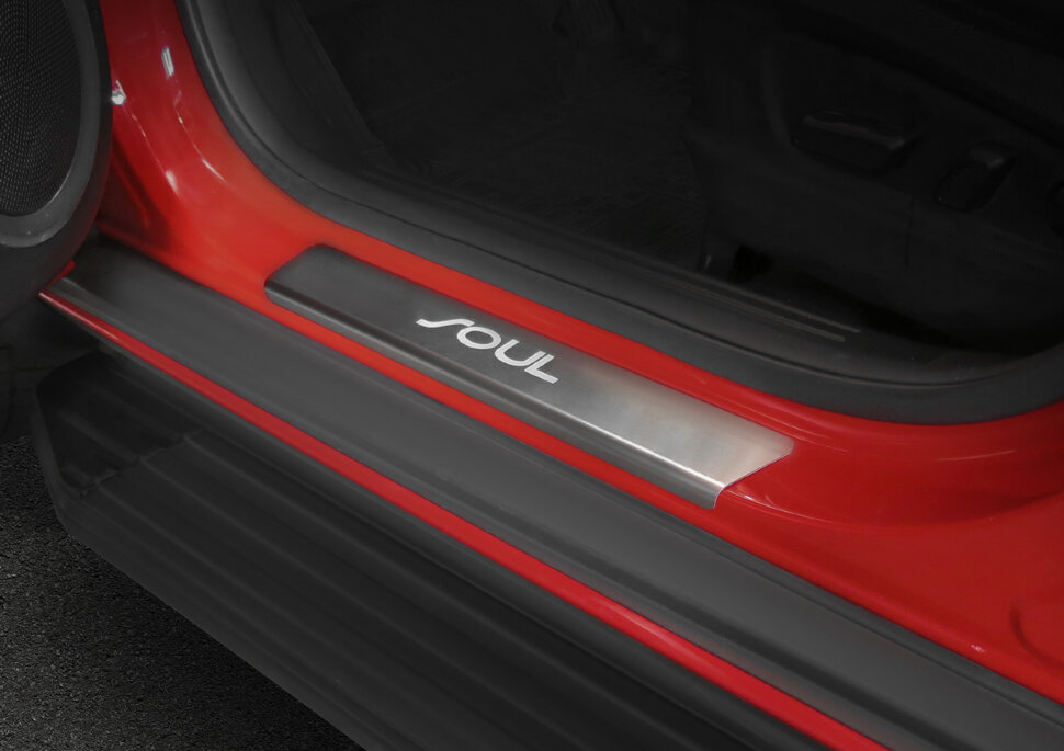 Накладки на пороги Rival для Kia Soul II рестайлинг 2017-2019, нерж. сталь, с надписью, 4 шт., NP.2812.3 с доставкой по всей России