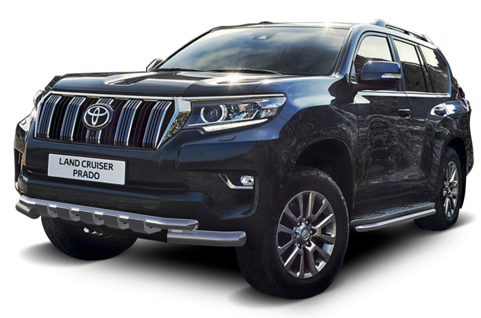 Защита переднего бампера d76+d57 с профильной защитой картера Rival для Toyota Land Cruiser Prado 150 рестайлинг (кроме Style и TRD) 2017-н.в., нерж. сталь, R.5721.010