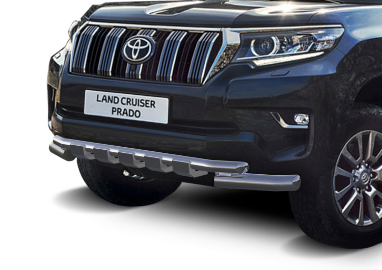 Защита переднего бампера d76+d57 с профильной защитой картера Rival для Toyota Land Cruiser Prado 150 рестайлинг (кроме Style и TRD) 2017-н.в., нерж. сталь, R.5721.010