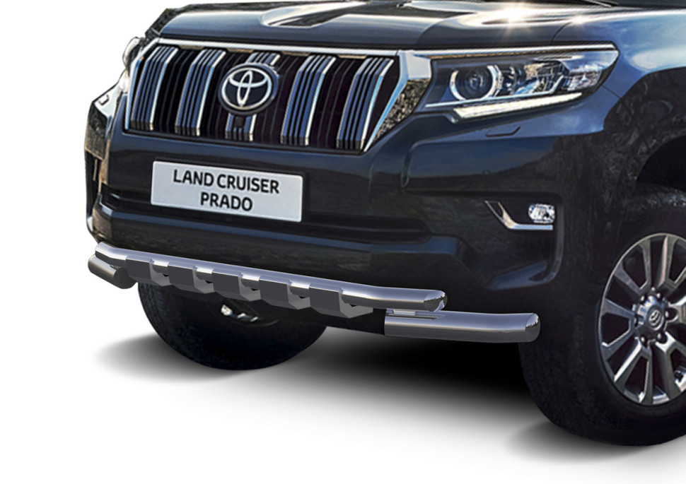 Защита переднего бампера d76+d57 с профильной защитой картера Rival для Toyota Land Cruiser Prado 150 рестайлинг (кроме Style и TRD) 2017-н.в., нерж. сталь, R.5721.010