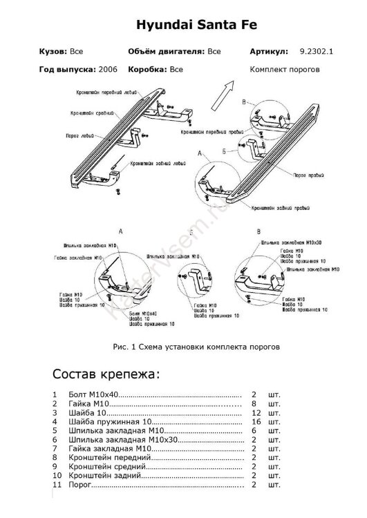 Комплект крепежа к порогам Rival для Hyundai Santa Fe II поколение рестайлинг 2006-2012, сталь, 9.2302.1 с доставкой по всей России
