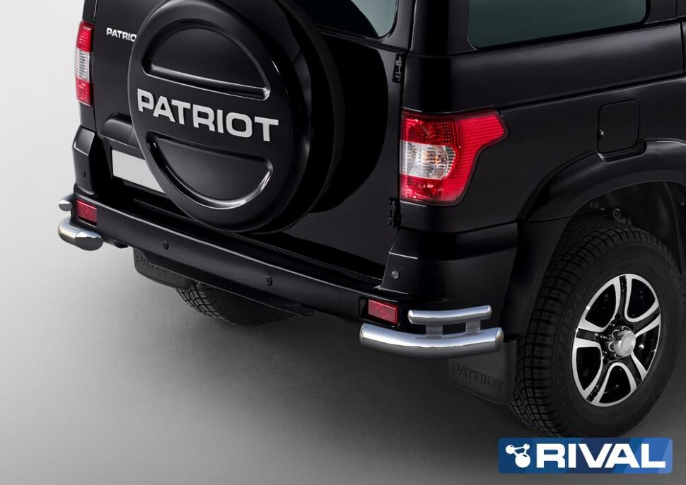 Защита заднего бампера d76+d42 уголки + комплект крепежа, RIVAL, UAZ Patriot 2014-2016-