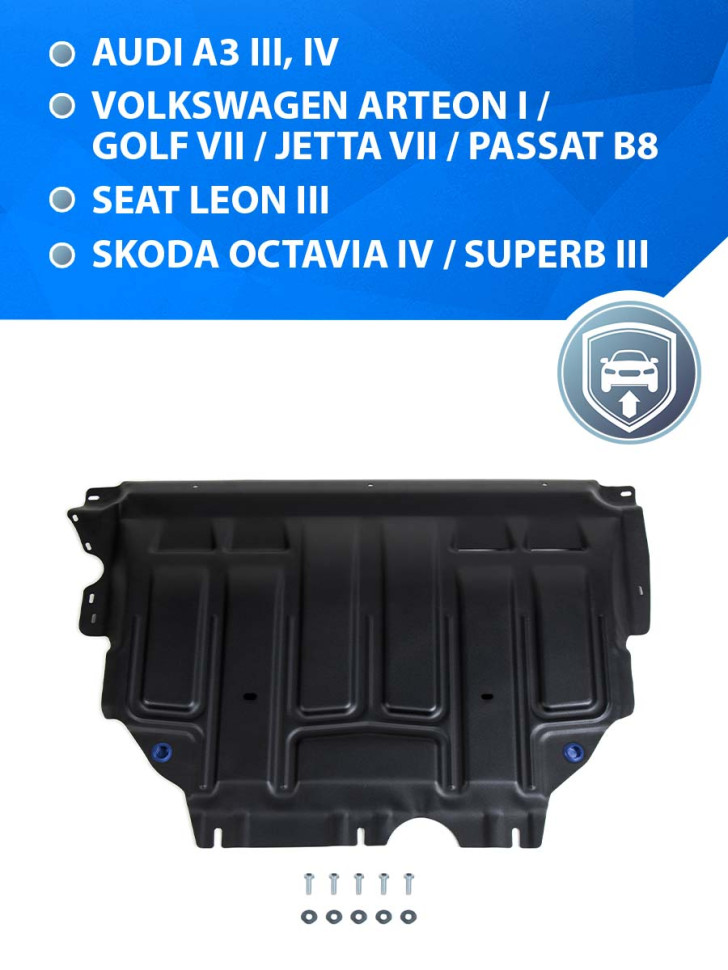 Защита картера и КПП Rival для Audi A3 8V (V - 1.2; 1.4; 1.8) 2012-2016, сталь 1.5 мм, с крепежом, штампованная, 111.5128.1