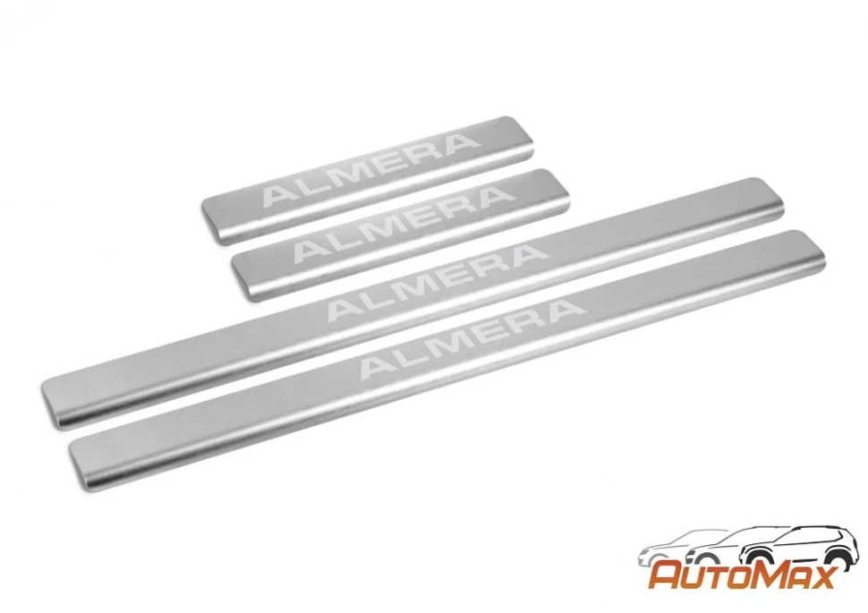Накладки на пороги AutoMax для Nissan Almera G15 2012-2018, нерж. сталь, с надписью, 4 шт., AMNIALM01