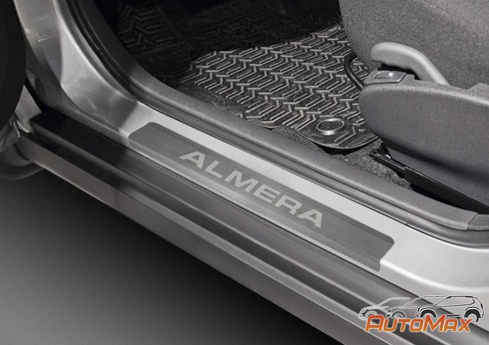 Накладки на пороги AutoMax для Nissan Almera G15 2012-2018, нерж. сталь, с надписью, 4 шт., AMNIALM01