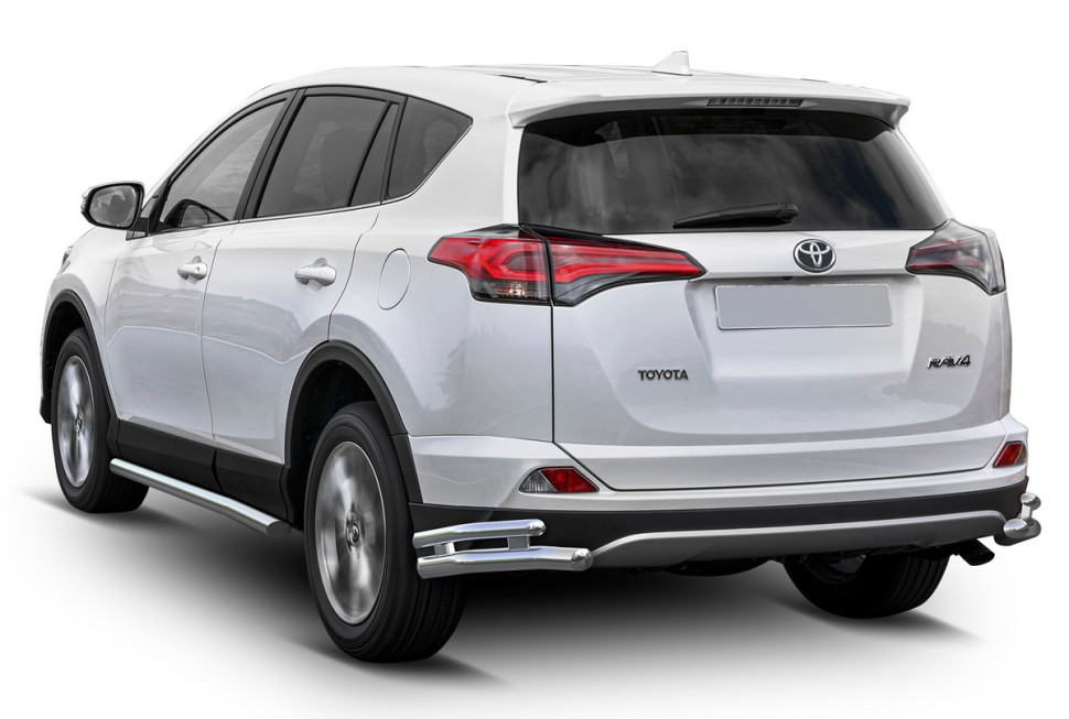 Защита заднего бампера d57+d42 уголки Rival для Toyota RAV4 CA40 рестайлинг 2015-2019, нерж. сталь, 2 части, R.5718.005