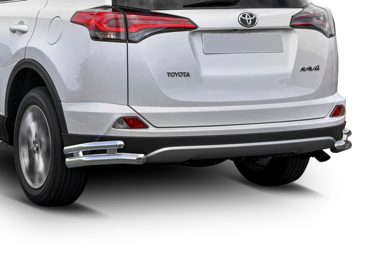 Защита заднего бампера d57+d42 уголки Rival для Toyota RAV4 CA40 рестайлинг 2015-2019, нерж. сталь, 2 части, R.5718.005