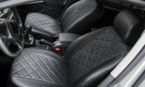 Авточехлы Rival Ромб (зад. спинка 40/60) для сидений Kia Sportage III 2010-2016, в комплекте передние подголовники Активные и Обычные, эко-кожа, черные, SC.2804.2