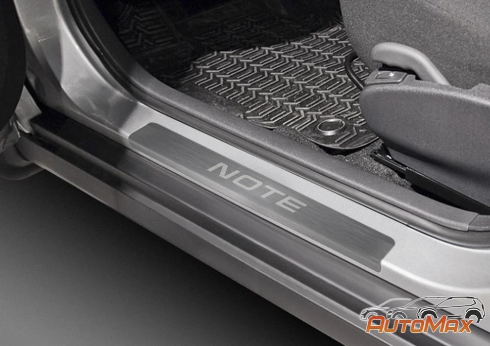 Накладки на пороги AutoMax для Nissan Note II поколение 2012-2020., нерж. сталь, с надписью, 4 шт., AMNINOT01