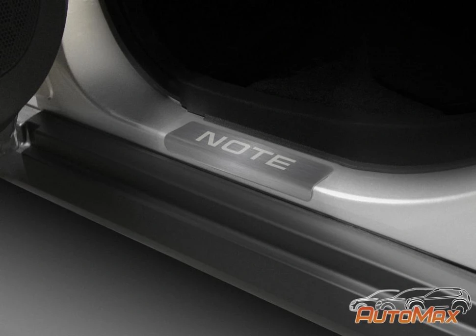 Накладки на пороги AutoMax для Nissan Note II поколение 2012-2020., нерж. сталь, с надписью, 4 шт., AMNINOT01