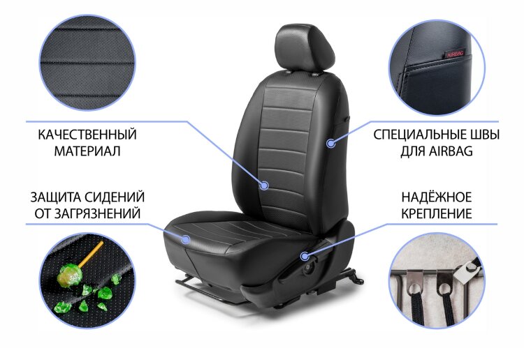 Авточехлы Rival Строчка (зад. спинка 40/60) для сидений Kia Sportage IV 2016-2022, эко-кожа, черные, SC.2805.1