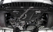 Защита картера, КПП, топливного бака и редуктора АвтоБроня (с вырезом под глушитель) для Toyota RAV4 CA40 АКПП 2012-2019, штампованная, сталь 1.8 мм, 3 части, с крепежом, K111.09506.1
