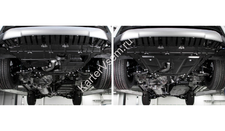 Защита картера, КПП, топливного бака и редуктора АвтоБроня (с вырезом под глушитель) для Toyota RAV4 CA40 АКПП 2012-2019, штампованная, сталь 1.8 мм, 3 части, с крепежом, K111.09506.1
