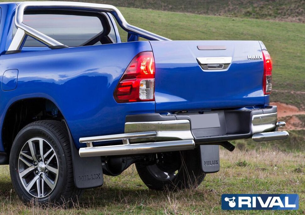 Защита заднего бампера d76+d42 уголки + комплект крепежа, RIVAL, Toyota Hilux 2015-