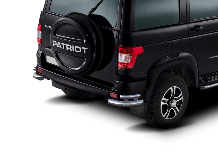 Защита заднего бампера d76+d42 уголки Rival для УАЗ Patriot I рестайлинг 2014-2016 2016-н.в., нерж. сталь, 2 части, R.6302.010