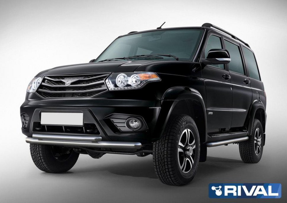 Защита переднего бампера d76+d57 + комплект крепежа, RIVAL, UAZ Patriot 2014-2016-