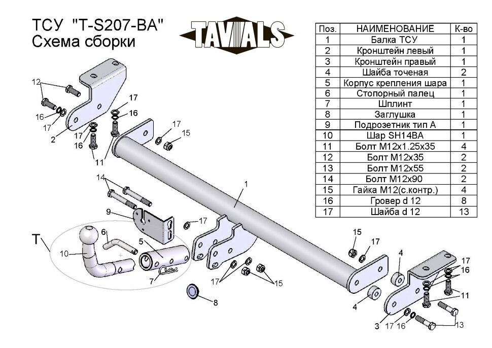 Фаркоп SsangYong Actyon с быстросъёмным шаром (ТСУ) арт. T-S207-BA