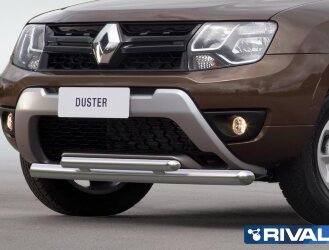 Защита переднего бампера d57+d42 + комплект крепежа, RIVAL, Renault Duster 2015-