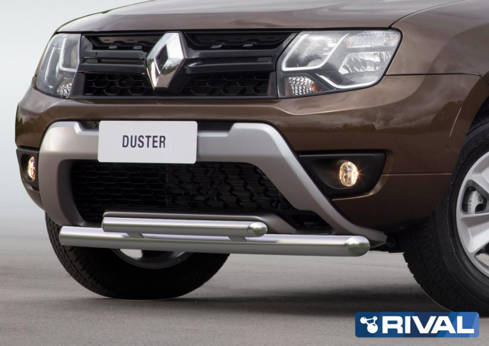 Защита переднего бампера d57+d42 + комплект крепежа, RIVAL, Renault Duster 2015-
