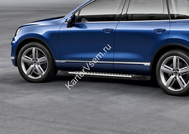 Пороги площадки (подножки) "Bmw-Style круг" Rival для Volkswagen Touareg II рестайлинг (R-Line) 2014-2018, 193 см, 2 шт., алюминий, D193AL.5801.4
