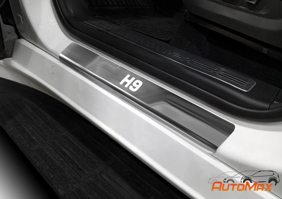 Накладки на пороги AutoMax для Haval H9 II поколение 2024-н.в., нерж.сталь, с надписью, 4 шт., AMHAH901