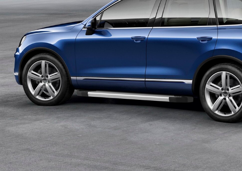 Пороги площадки (подножки) "Silver" Rival для Volkswagen Touareg II рестайлинг (R-Line) 2014-2018, 193 см, 2 шт., алюминий, F193AL.5801.4 с доставкой по всей России