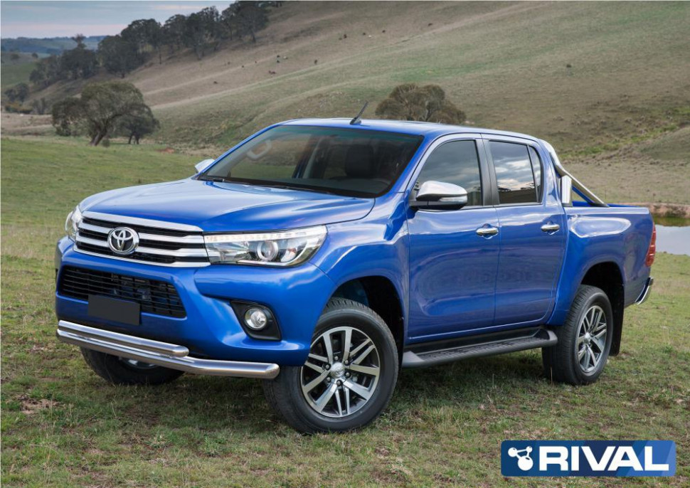 Защита переднего бампера d76+d57 + комплект крепежа, RIVAL, Toyota Hilux 2015-