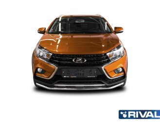 Защита переднего бампера d42 + комплект крепежа, RIVAL, Lada Vesta SW Cross 2017-