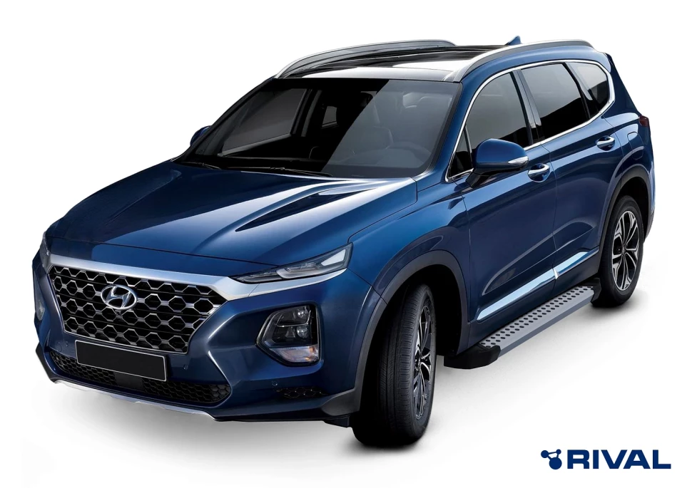 Пороги на автомобиль (подножки) "Bmw-Style круг" Rival для Hyundai Santa Fe IV 2018-2021, 180 см, 2 шт., алюминий, D180AL.2307.1