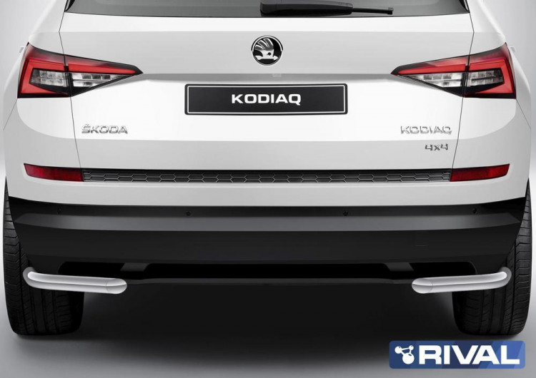 Защита заднего бампера d57 уголки + комплект крепежа, RIVAL, Skoda Kodiaq 2017-