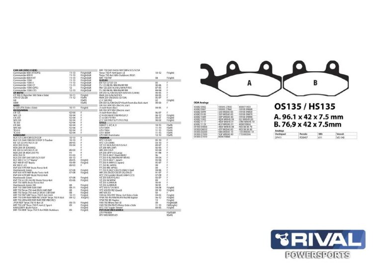 Тормозные колодки YAMAHA Raptor 700 (2013-2013) арт. OS135