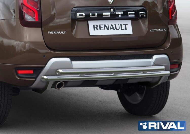 Защита заднего бампера d42+d42 + комплект крепежа, RIVAL, Renault Duster 2015-
