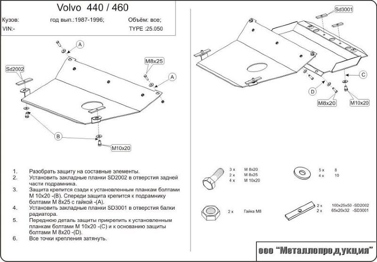 Защита картера и КПП Volvo 440 - 460 двигатель 1,6; 1,7; 1,8; 2,0; 1,9D  (1988-1996)  арт: 25.0050