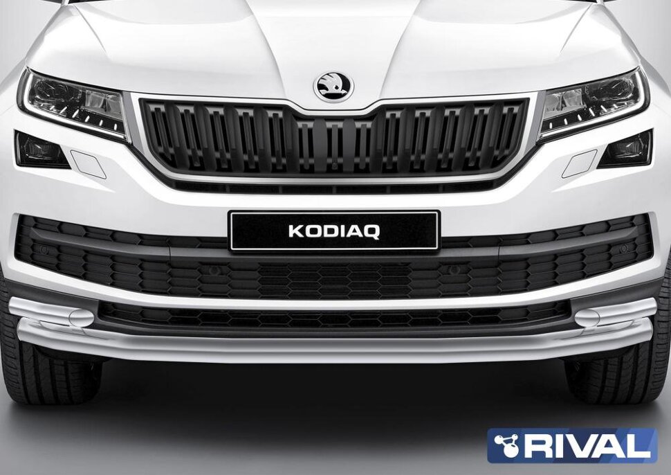 Защита переднего бампера d57+d42 + комплект крепежа,RIVAL, Skoda Kodiaq 2017-