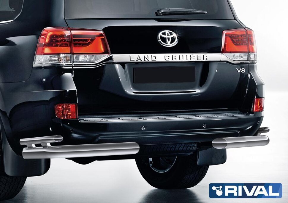 Защита заднего бампера d76+d42 уголки + комплект крепежа, RIVAL, Toyota Land Cruiser 200 2015-